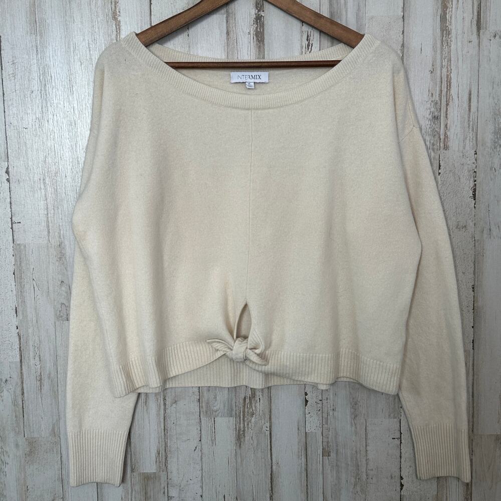 Intermix 100 Cashmere Sweater XL Ivory Crop Tie Front Boutique Quiet Luxury EUC